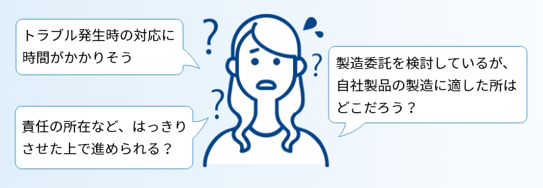 トラブル発生時の対応に時間がかかりそう 責任の所在など、はっきりさせた上で進められる？ 製造委託を検討しているが、自社製品の製造に適した所はどこだろう？